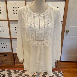 Daniel Rainn Ivory Sheer Polka Dot Lace Trim Top L